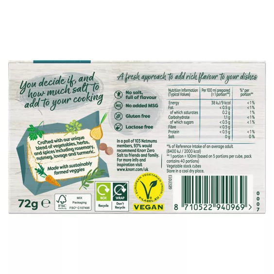 Knorr Zero Salt Veggie Stock Cubes 72g (8 Cubes) - Short Dated